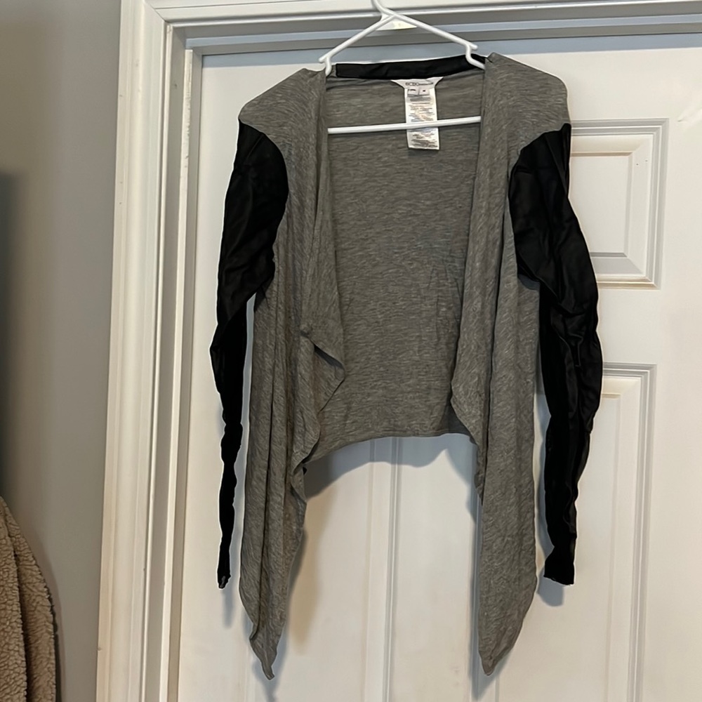 BCBG mesh and faux leather sleeve cardigan M